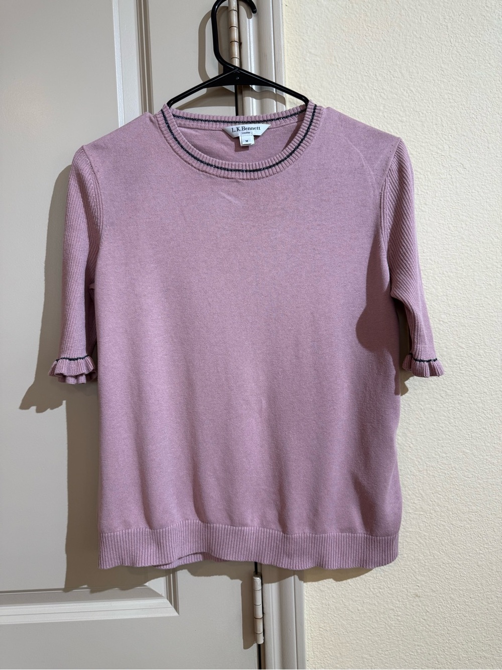 LK Bennett Dusty Pink Ruffle-Sleeve Knit Top with Contrast Trim - Picture 7 of 13